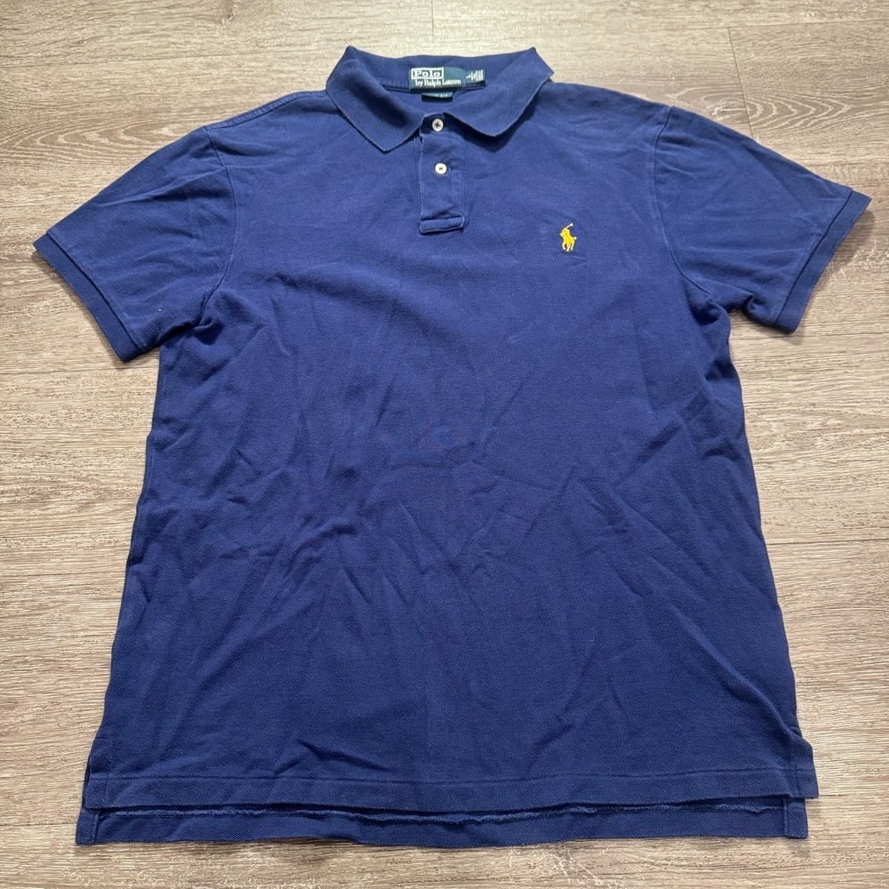 Vintage Ralph Lauren Polo Shirt Mens Large Blue Yellow Pony Knit Cotton Rugby